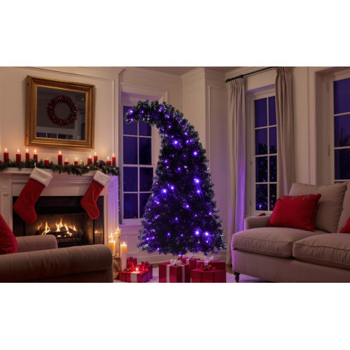 6FT Artificial Christmas Tree With LED Light, Pre-Lit Curved Shape Artificial Whimsical Xmas Tree With 900 Tips, Black Christmas Tree