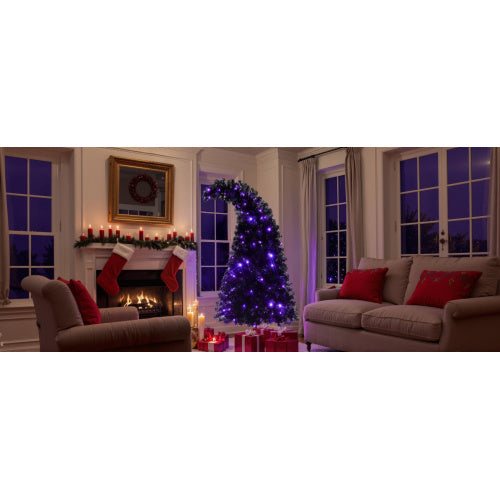 6FT Artificial Christmas Tree With LED Light, Pre-Lit Curved Shape Artificial Whimsical Xmas Tree With 900 Tips, Black Christmas Tree
