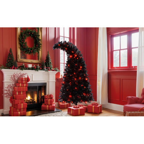 6FT Artificial Christmas Tree With LED Light, Pre-Lit Curved Shape Artificial Whimsical Xmas Tree With 900 Tips, Black Christmas Tree