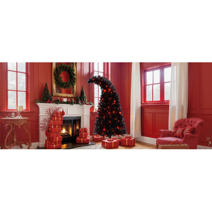 6FT Artificial Christmas Tree With LED Light, Pre-Lit Curved Shape Artificial Whimsical Xmas Tree With 900 Tips, Black Christmas Tree